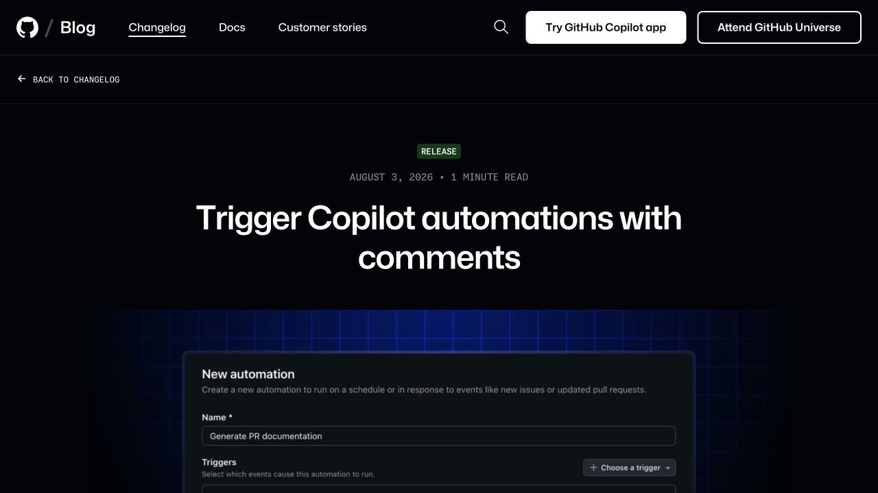 GitHub Changelog о запуске Copilot automations комментариями