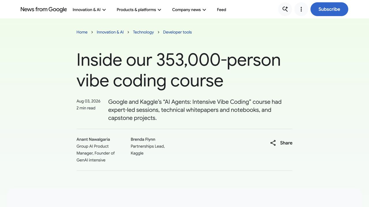Страница Google о курсе по агентам для 353 000 разработчиков