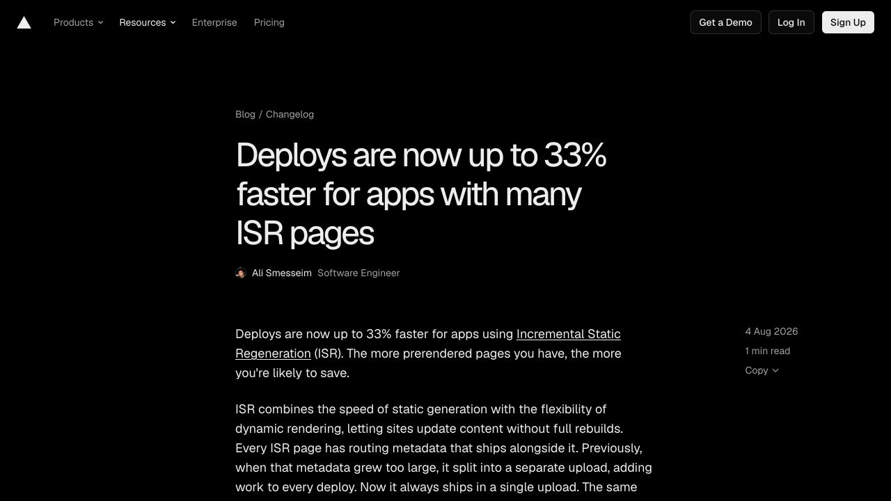 Vercel Changelog об ускорении ISR deployments